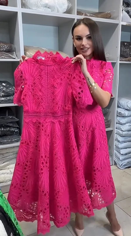 Women’s Lace Cut-Out Short Sleeve High-Neck Dress