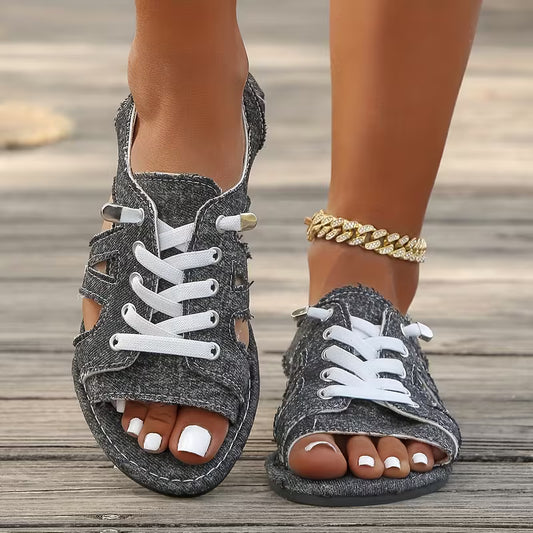 Women’s Denim-Look Lace-Up Flat Sandals