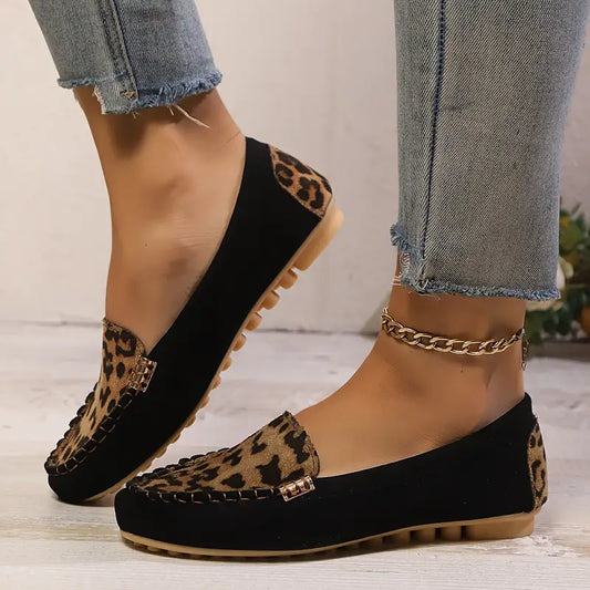 Women's Leopard Print Loafers - Slip-On Chain Detail