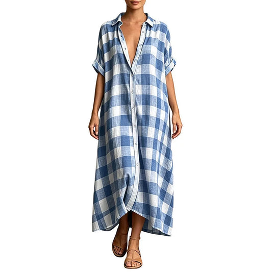 Women's Check Button Front Maxi Shirt Dress