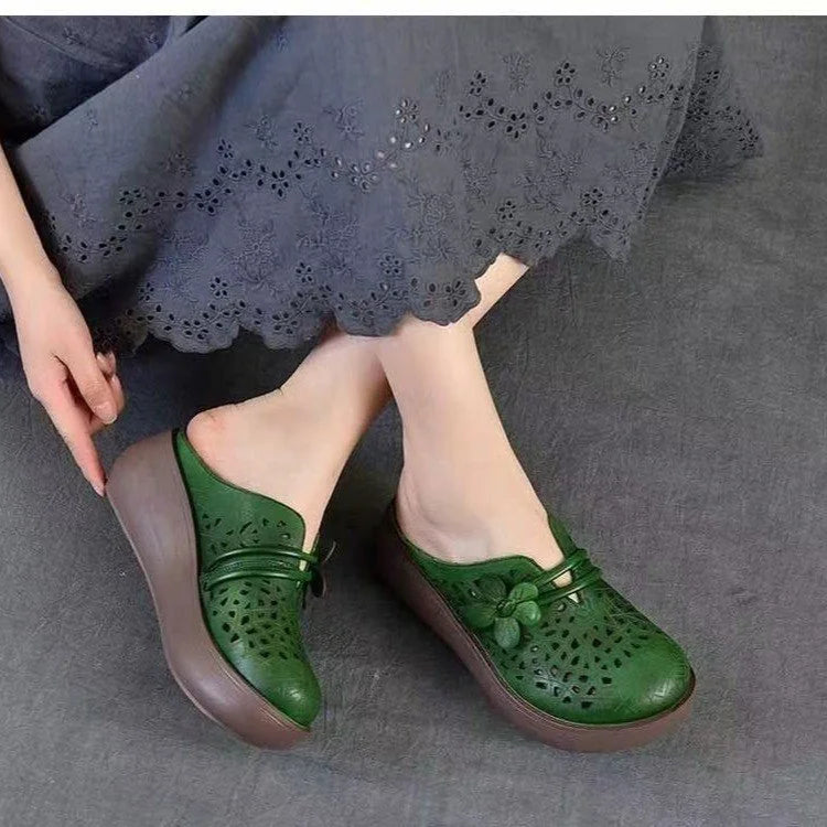 Women’s Hollow Leather-Look Wedge Comfort Sandals