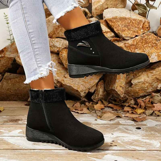 Women’s Black British-Style Faux Fur Side-Zip Autumn–Winter Ankle Boots