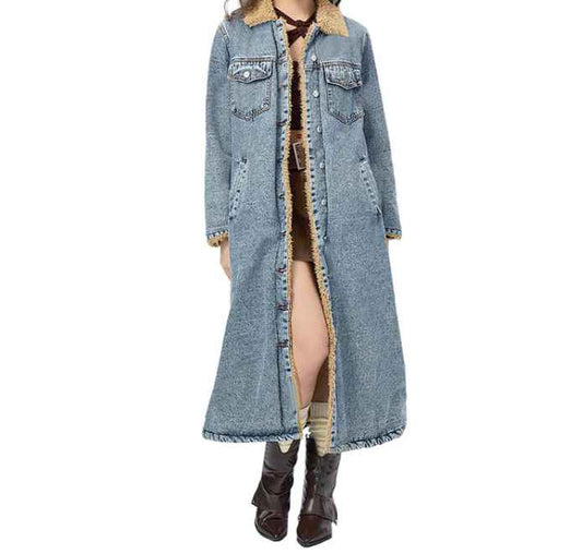 Women’s Warm-Lined Longline Denim Coat with Turn-Down Collar
