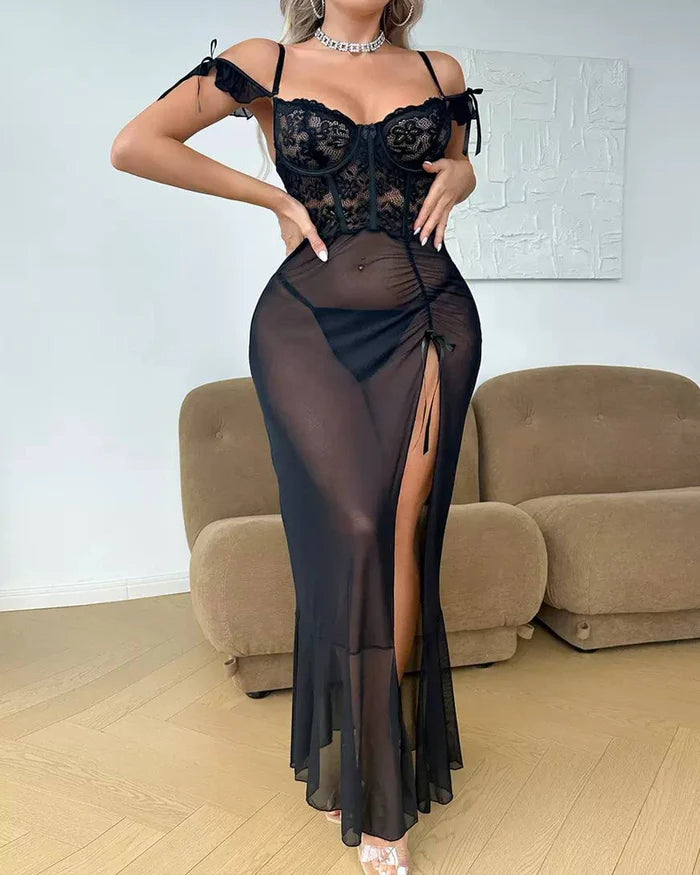 Women’s Sheer Lace Off-Shoulder Long Nightgown