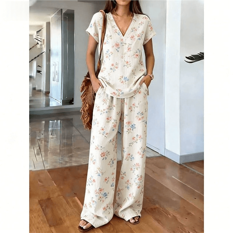 Women's Printed Top and Wide-Leg Trouser Set