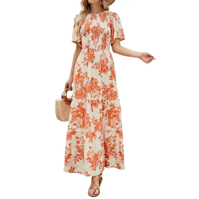 Floral Smocked High Waist Maxi Dress for Women