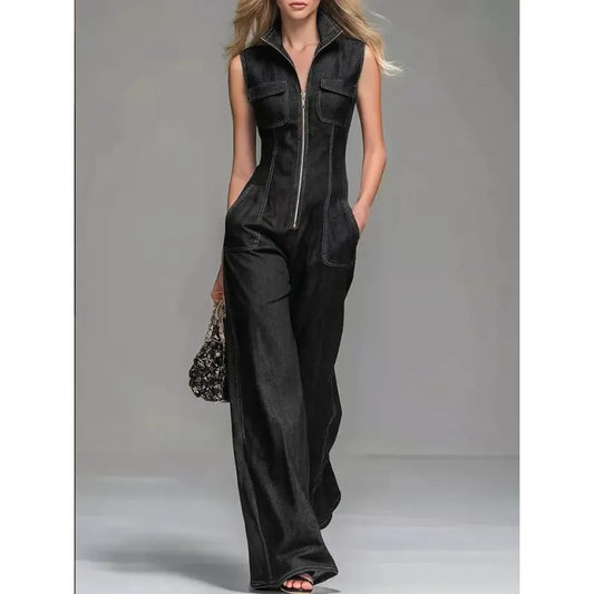 Women's Sleeveless Zip-Front Denim Jumpsuit