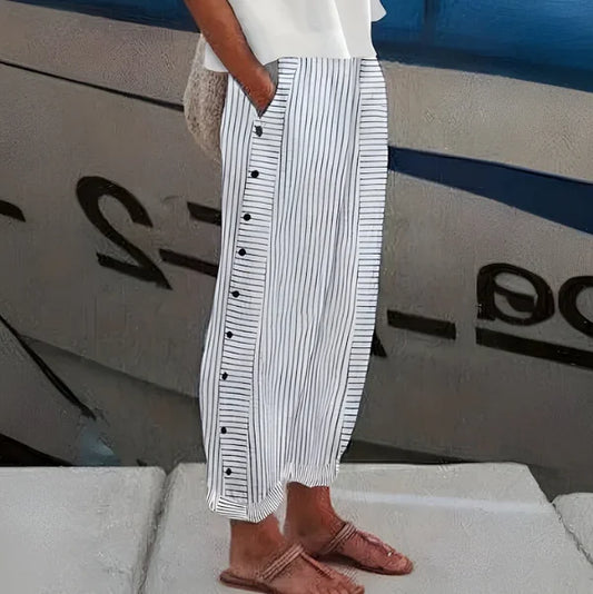 Women’s Blue Striped Lightweight Trousers with Side Pockets
