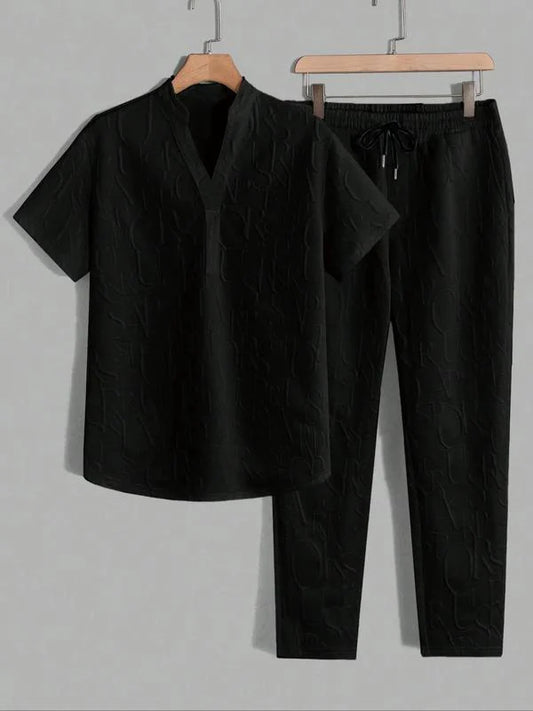 Men’s Embossed Pattern T-Shirt and Drawstring Trouser Set