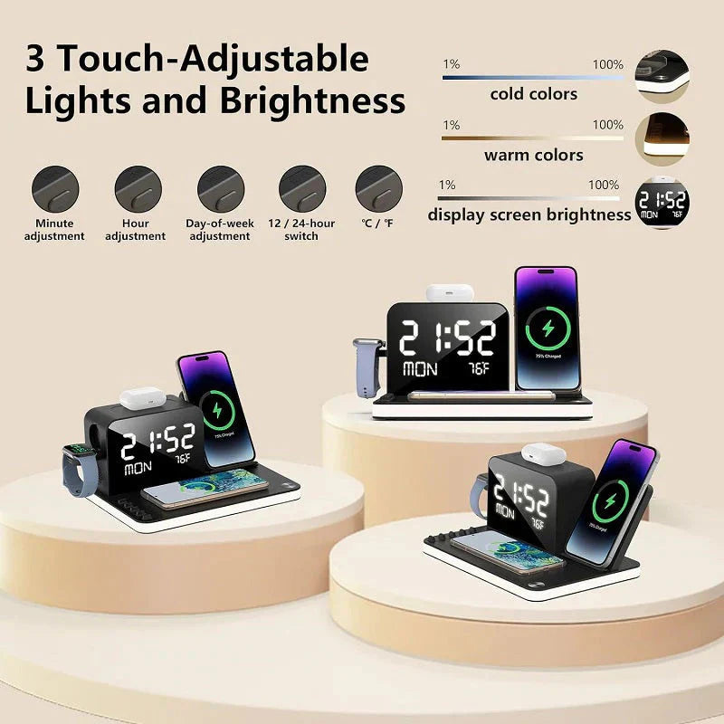 4-in-1 Fast Wireless Charging Station with LED Clock & Bluetooth Speaker