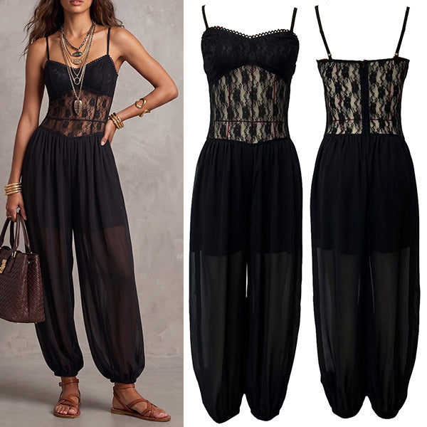 Women's Sheer Lace Detail Harem Jumpsuit