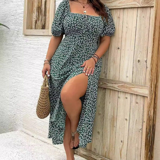 Floral Square Neck Split Midi Dress