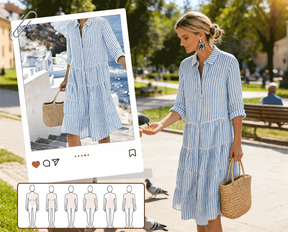 Women’s Striped Button-Front Tiered Midi Shirt Dress
