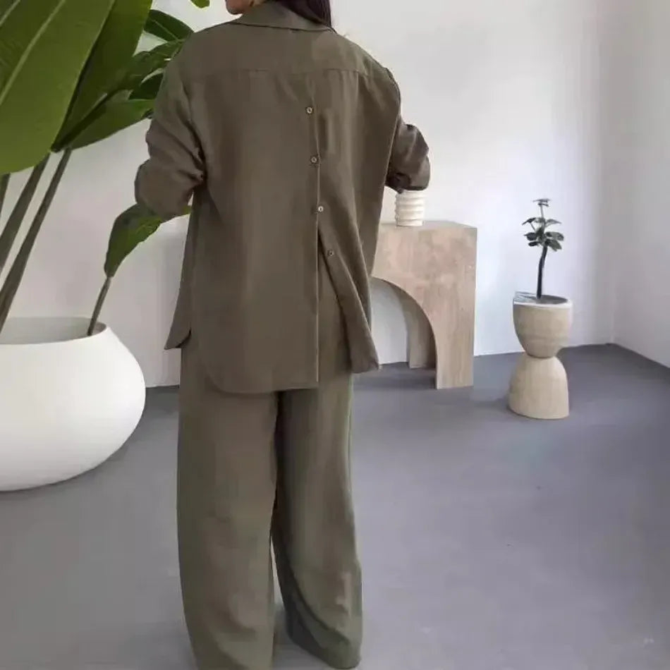Women’s Relaxed Fit Shirt and Wide-Leg Trousers Two-Piece Set
