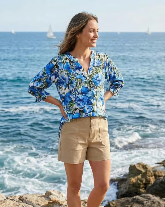 Women’s Lightweight Floral V-Neck Blouse with Relaxed Fit