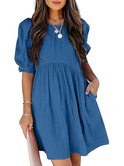 Women’s Textured Puff Sleeve Babydoll Mini Dress with Pockets