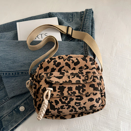 Women’s Pleated Corduroy Cheetah-Print Crossbody Bag
