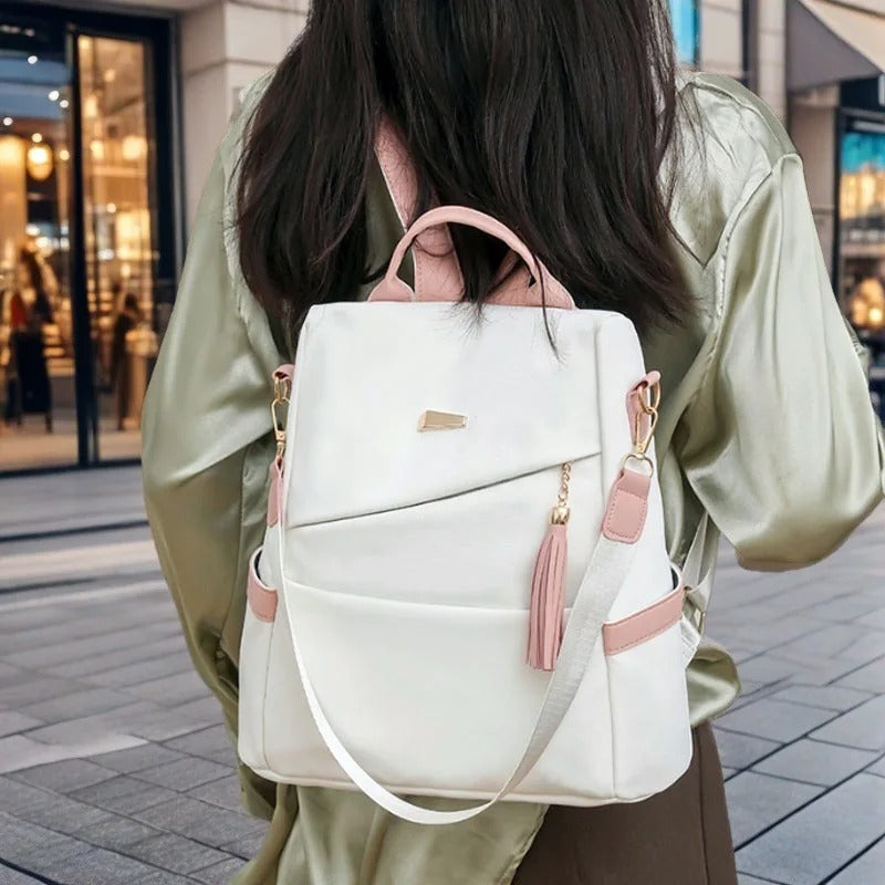 Colour-Contrast Soft Leather Anti-Theft Travel Backpack
