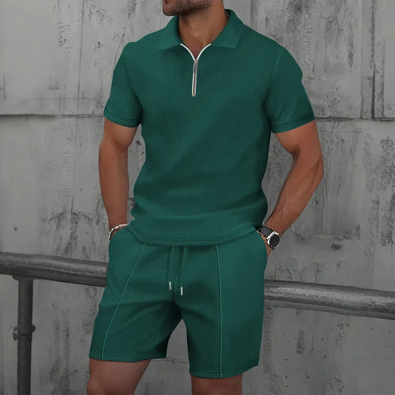 Men’s Textured Zip Polo Shirt and Shorts Set
