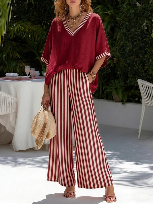 Women’s Striped Linen Cotton Two-Piece Top and Trousers Set