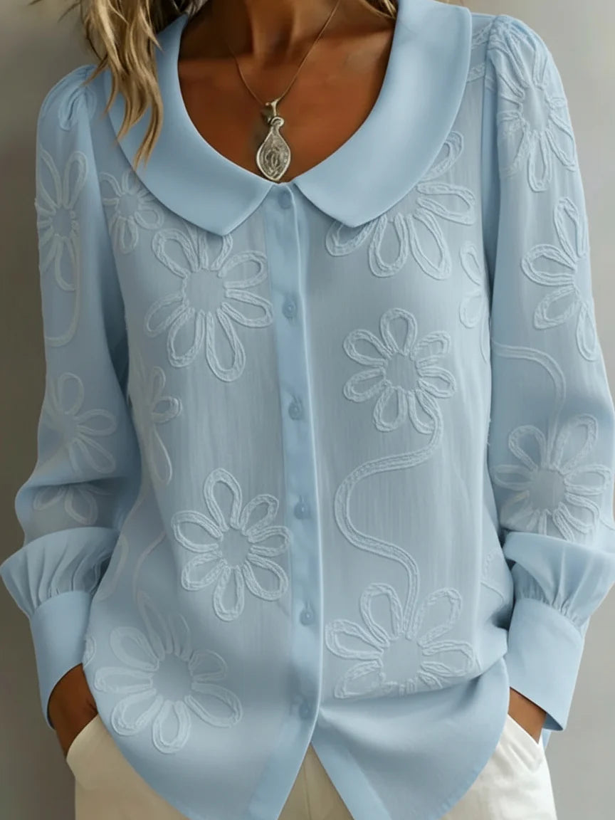 Women’s Floral Embroidered Peter Pan Collar Button Blouse