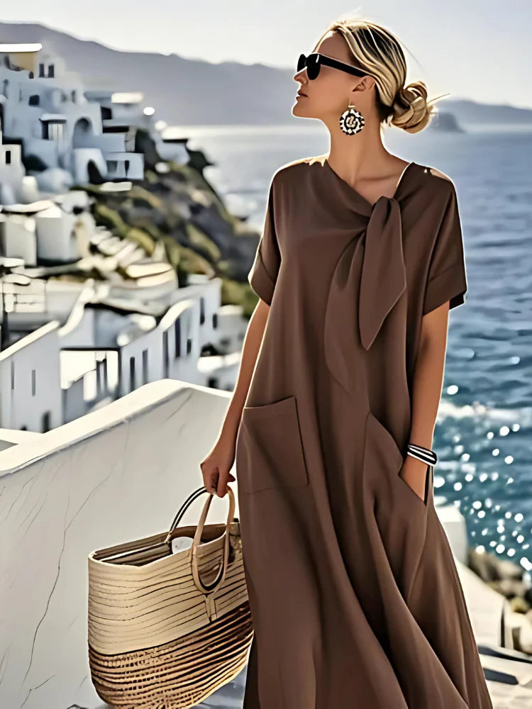 Elegant Tie-Neck Pocket Dress