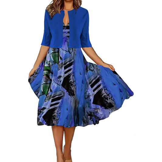 Women’s Printed Midi Dress and Cropped Cardigan Two-Piece Set