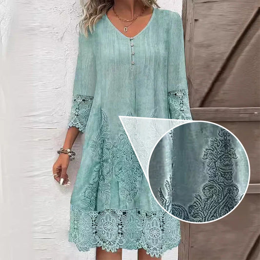 Women’s Elegant Lace V-Neck Dress with Three Quarter Sleeves