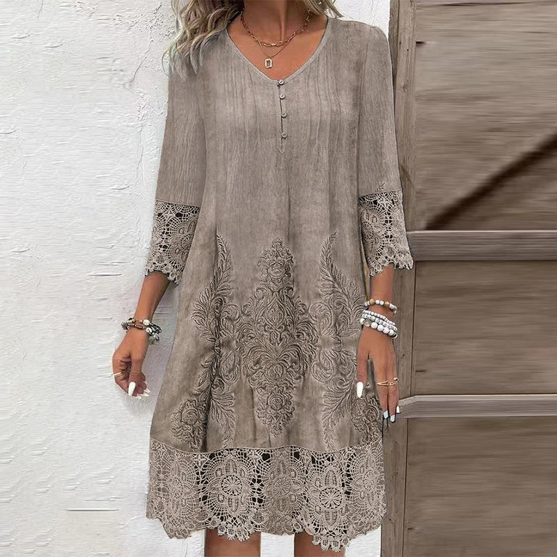 Women’s Elegant Lace V-Neck Dress with Three Quarter Sleeves