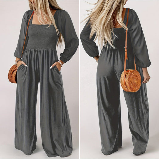 Women’s Smocked Wide-Leg Long Sleeve Jumpsuit
