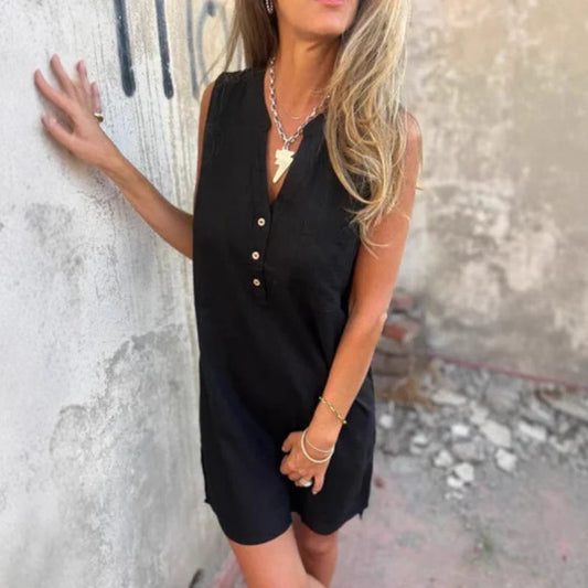 Cotton Linen Deep V-Neck Pocket Dress