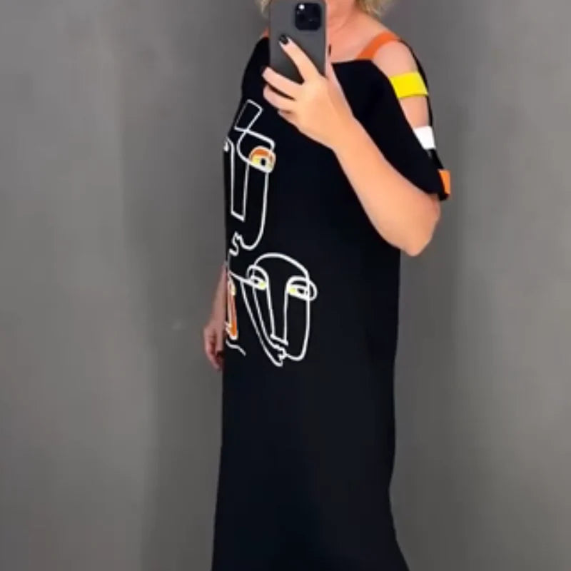 Women's Abstract Print Cold-Shoulder Maxi Dress