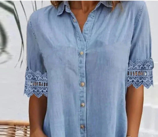 Blue, Simple Denim Mini Dress with Collar and Lace Trim