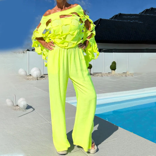 Women’s Cut-Out Overlay Top & Wide-Leg Jumpsuit Set
