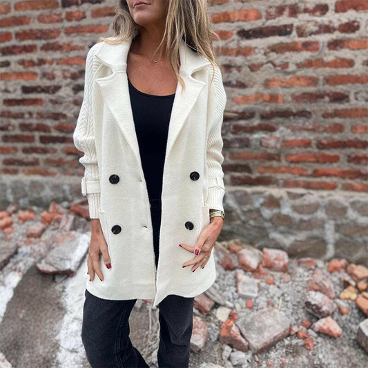 Women’s Mid-Length Double-Breasted Knit-Sleeve Coat