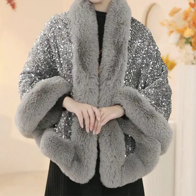 Women’s Sequined Faux Fur Trim Evening Shawl Wrap