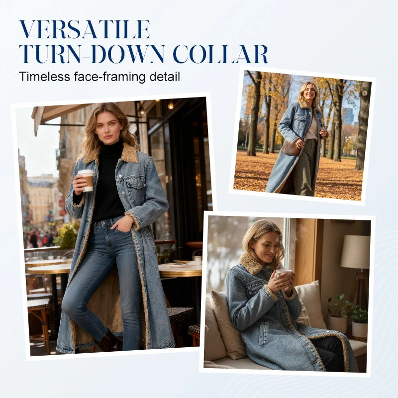 Women’s Warm-Lined Longline Denim Coat with Turn-Down Collar