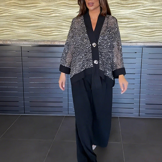 Women’s Sequin V-Neck Cardigan and Wide-Leg Trousers Set