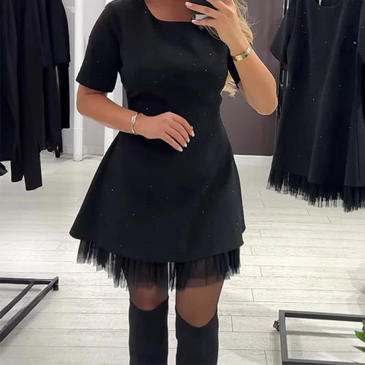 Women’s Rhinestone Detail Lace Hem Mini Dress