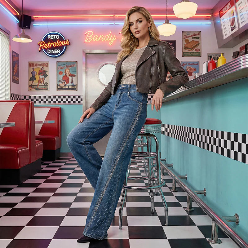 Women’s Rhinestone Detailed High Waist Wide Leg Jeans