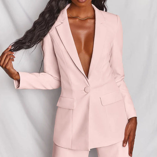 Women’s Single-Button Blazer & Wide-Leg Trouser Suit Set
