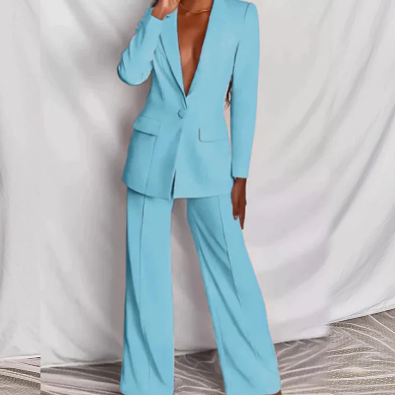 Women’s Single-Button Blazer & Wide-Leg Trouser Suit Set