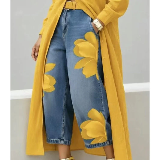Womne's Floral Print Cropped Denim Jeans