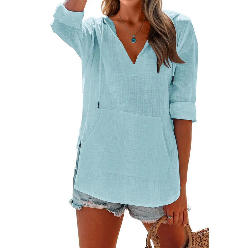 Women's V-Neck Hooded Pocket Top