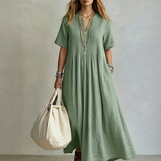 Women's Pleated V Neck Maxi Dress