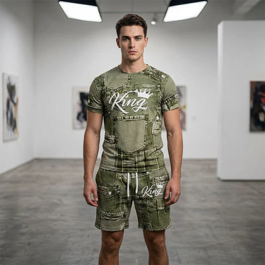 Men’s Faux Denim Print T-Shirt and Shorts Set