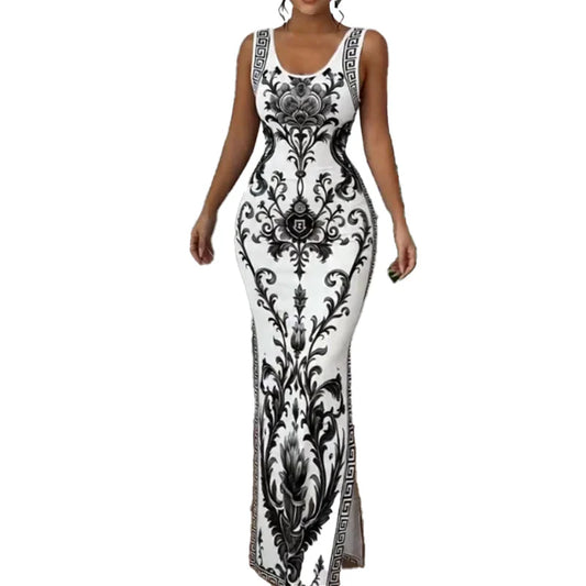 Women's Blue Porcelain Print Sleeveless Maxi Dress