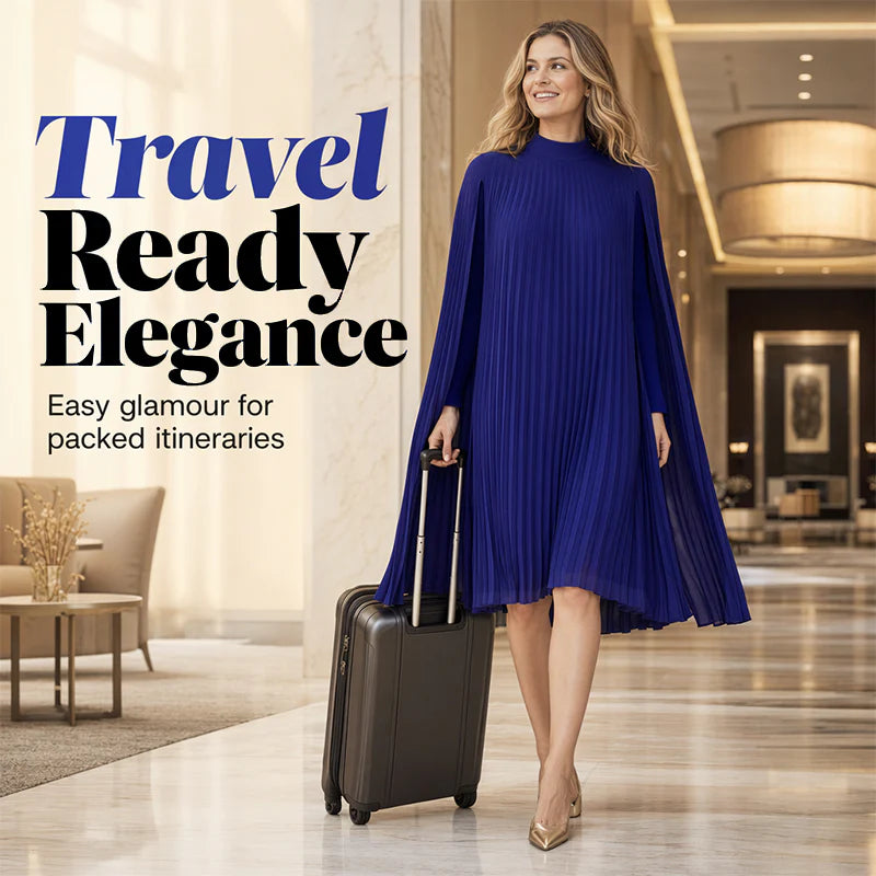 Women's Pleated Cape Sleeve Shift Dress