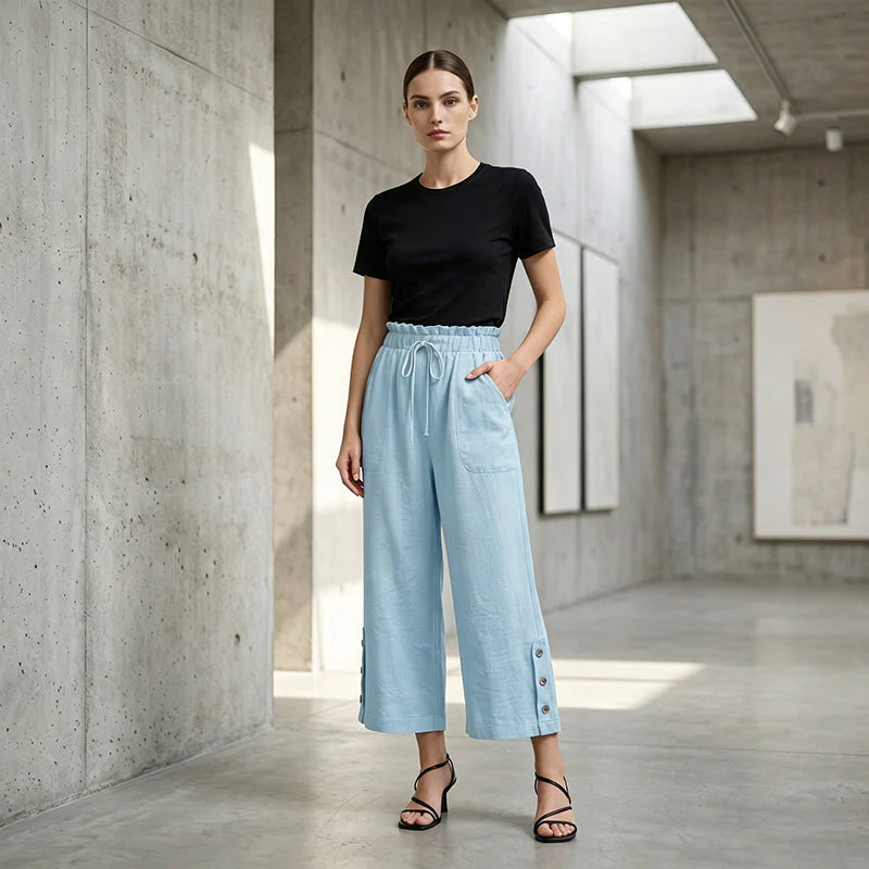 Women’s Cotton-Linen Wide-Leg Capri Trousers