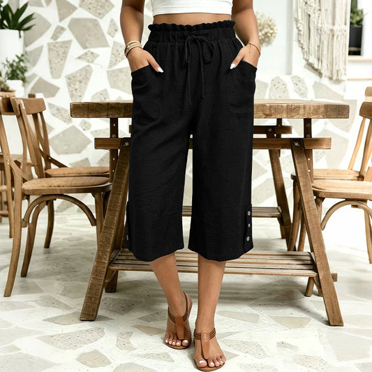 Women’s Cotton-Linen Wide-Leg Capri Trousers